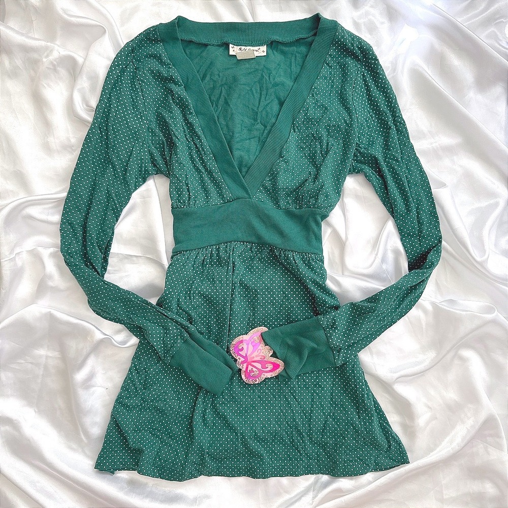 Self Esteem Green Polka Dot Empire Waist V-Neck Long Sleeve Top Large Y2K
